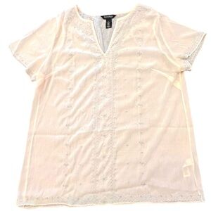 White House Black Market Blush Pink Beaded Silver Short Sleeve Blouse 12 Sheer